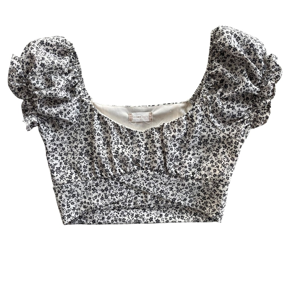 Altar'd State Women's Sm Cream Gray Floral Puff Sleeve Tie Crop Delinzy Top Boho